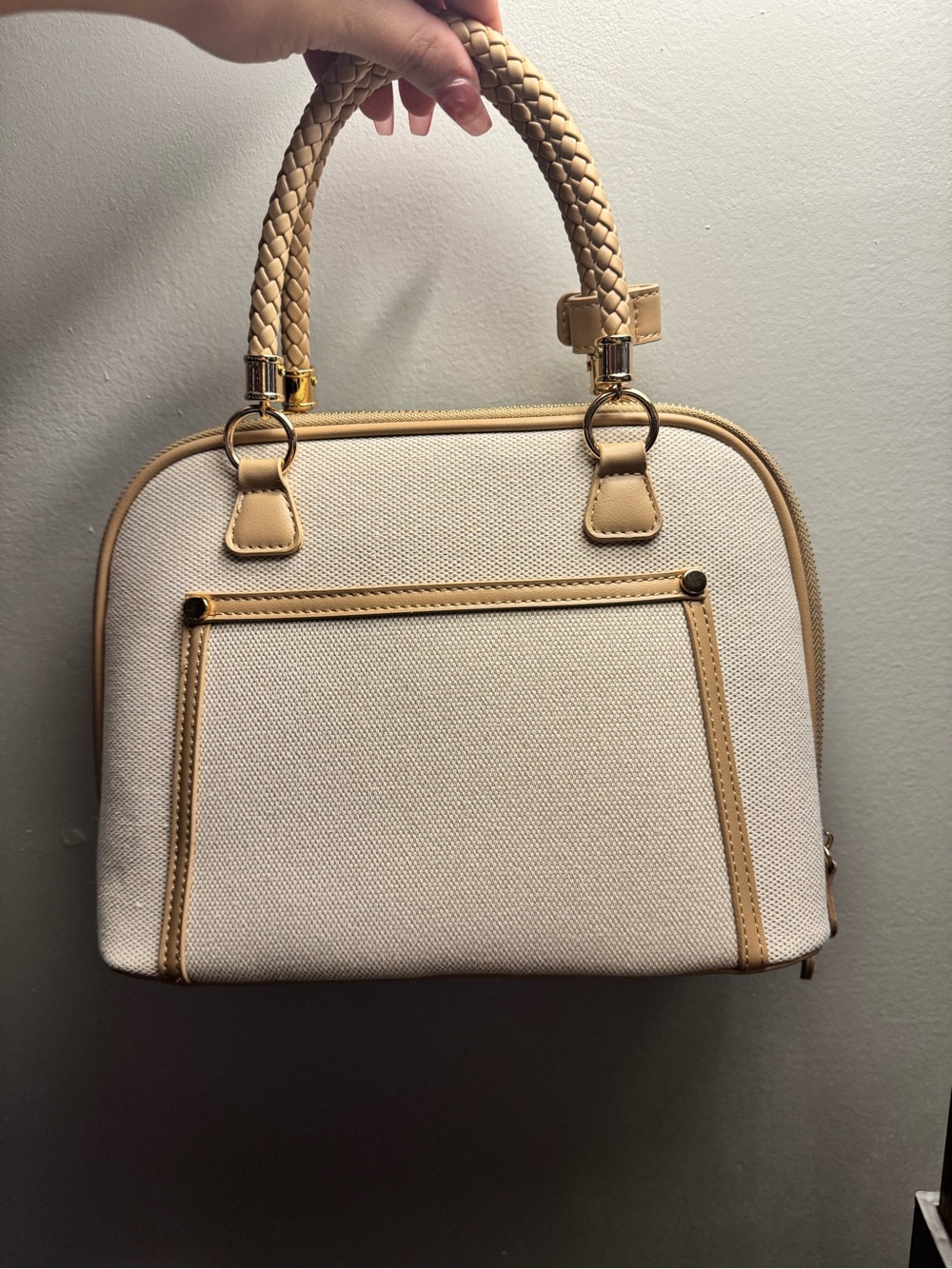 Cream Canvas Satchel with Tan Trim and Braided Handles